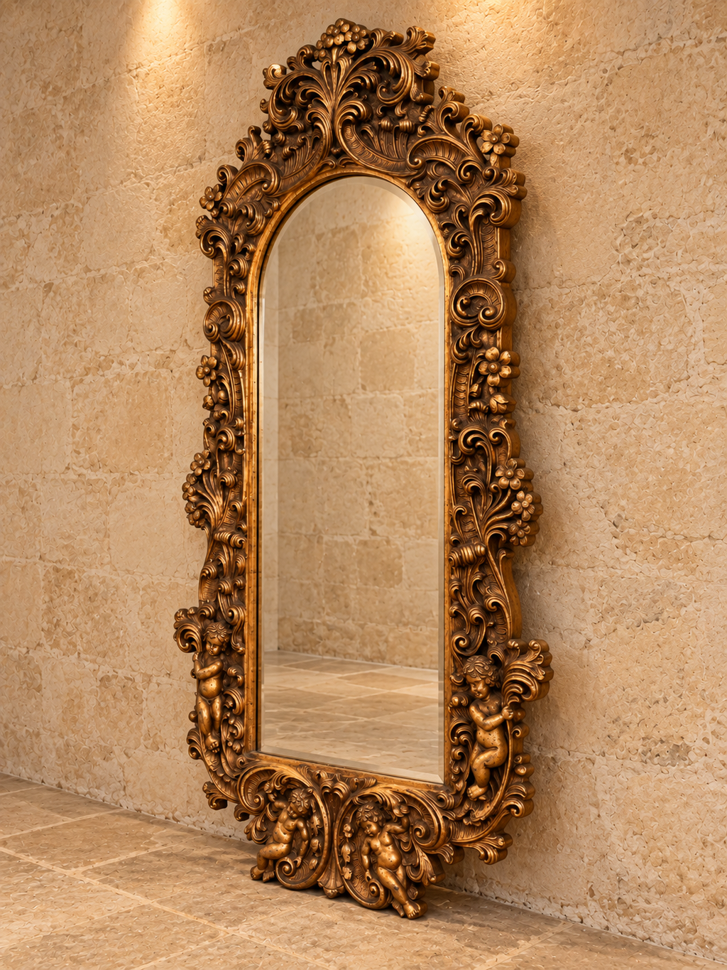 Large ornate gold Rococo style cherub mirror