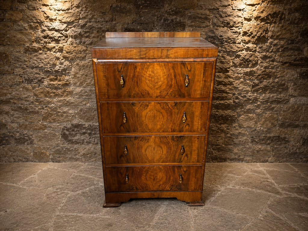 Art Deco Figured Walnut Tallboy Chest of Drawers | 1930s English Walnut Bedroom Chest | Antique Walnut Chest | Vintage Art Deco Furniture