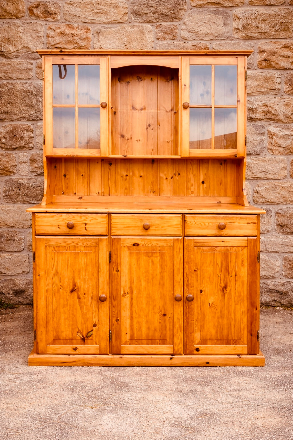 Rustic Pine Farmhouse Dresser with Glazed Display Top and Storage Base