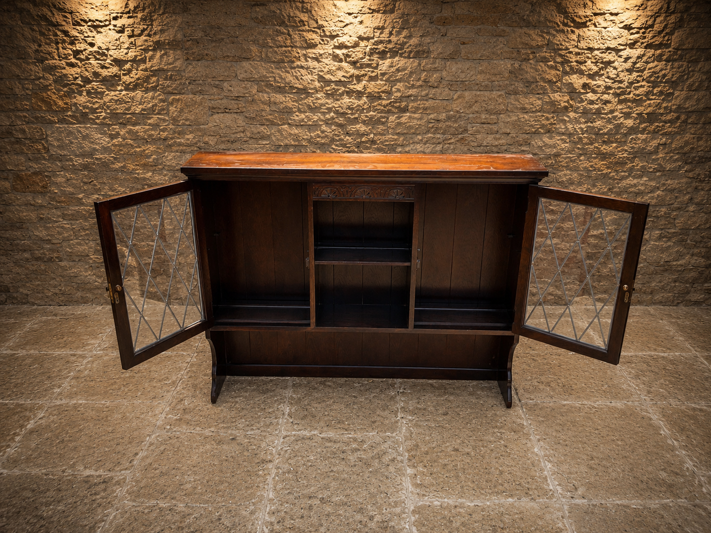 Jacobean Revival Oak Leaded Glass Sideboard | English Oak Drinks Cabinet | Country Farmhouse Display Cabinet