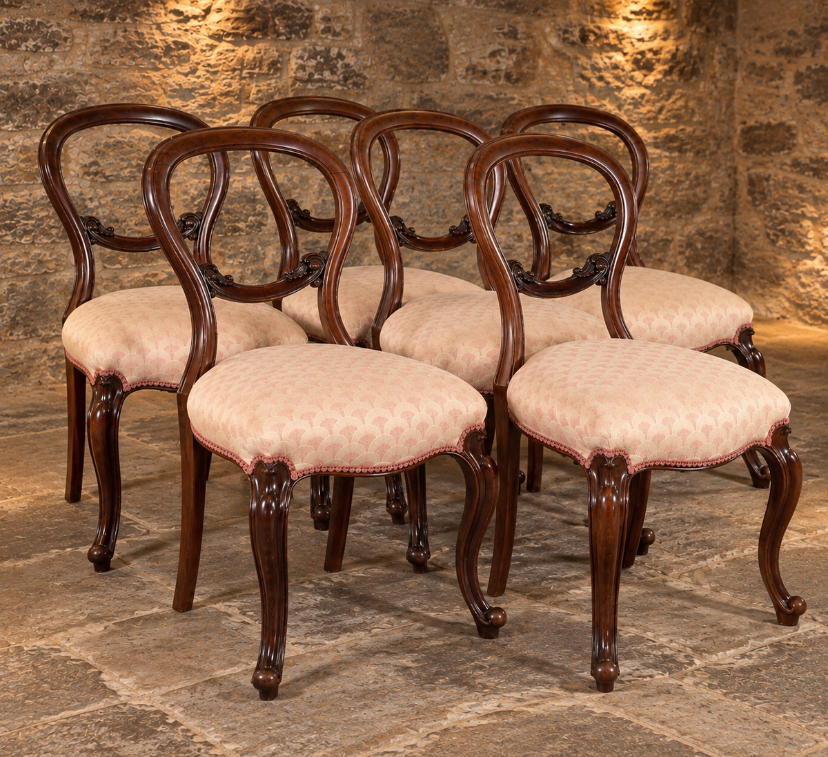Set of Six Antique Victorian Mahogany Balloon Back Dining Chairs – c.1840–1860