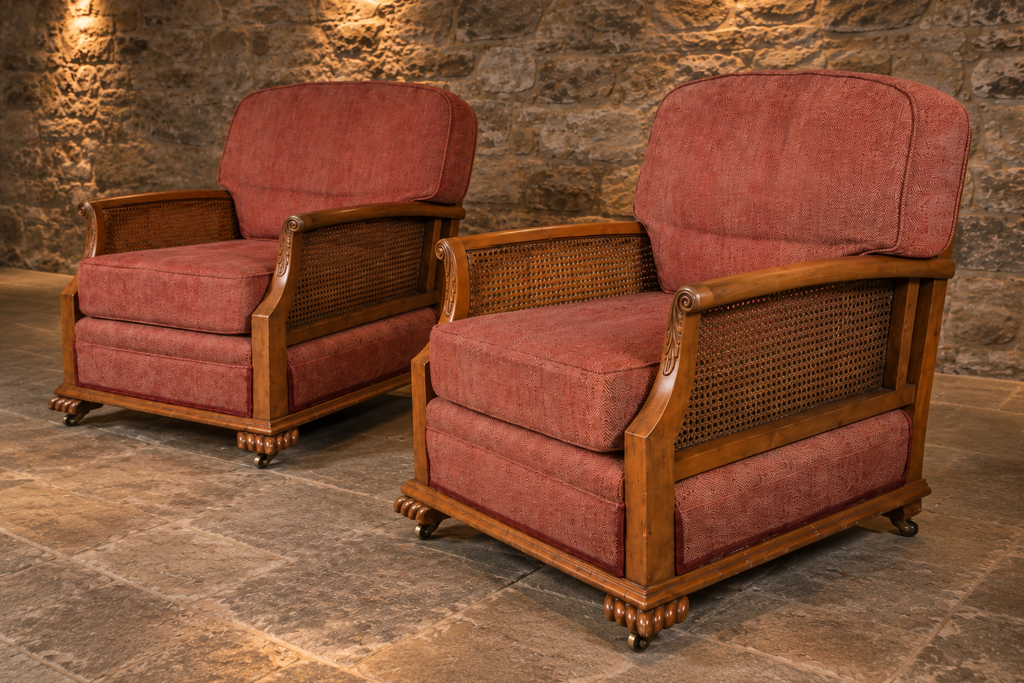 Pair of Antique 1930s Bergère Cane Library Armchairs