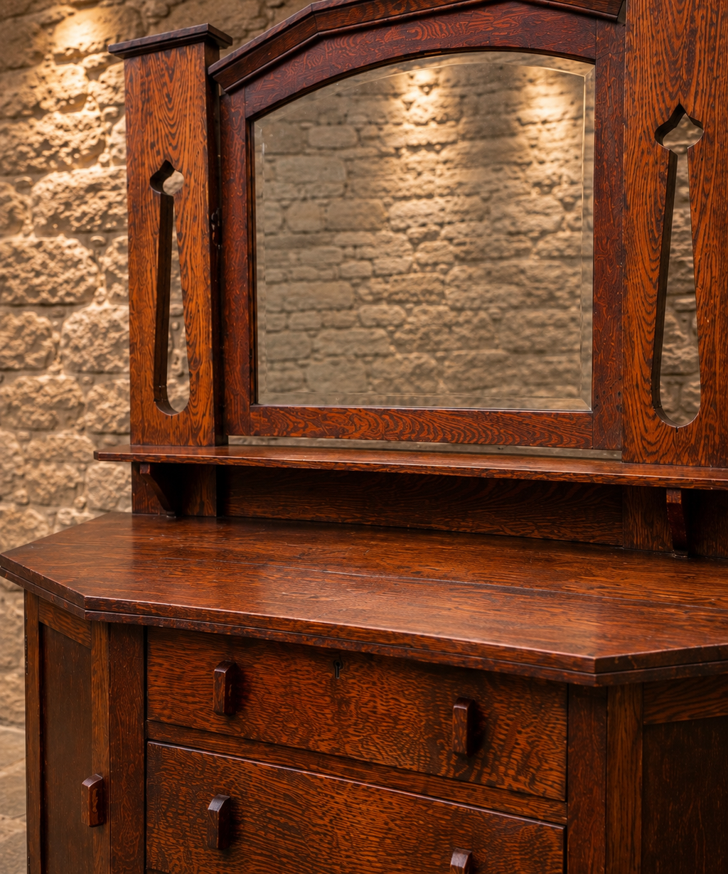 Antique Arts & Crafts Oak Dressing Chest with Mirror – Circa 1900
