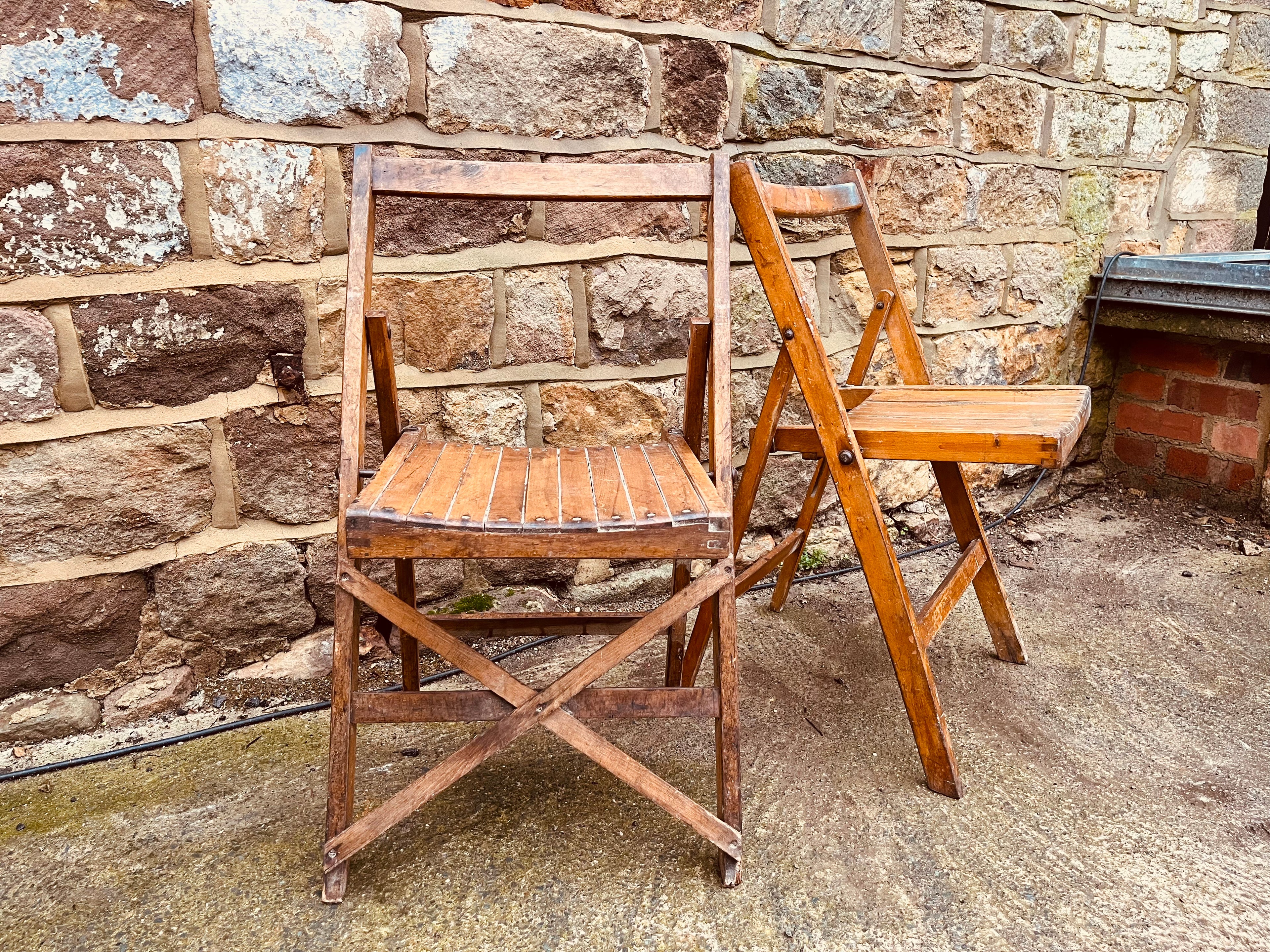 Pair of Vintage Wooden Folding Chairs – Rustic Slatted Seating | Cottage & Farmhouse Decor