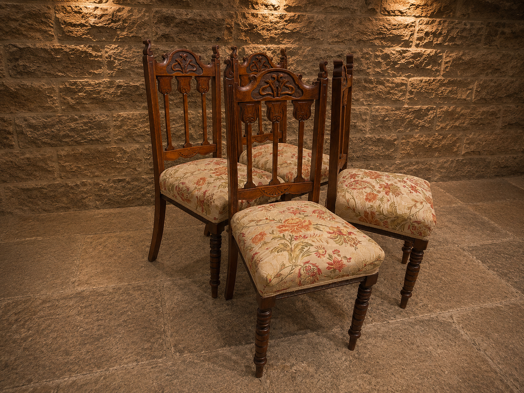 Antique Set of 4 Late Victorian Carved Dining Chairs | Ornate Upholstered High Back Chairs