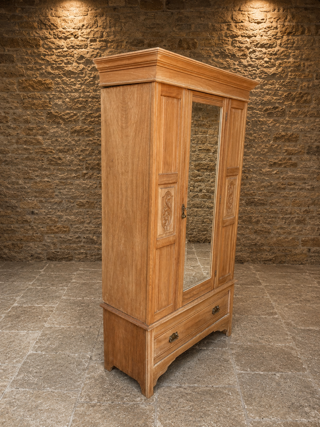 Antique Pine Mirrored Wardrobe – Late Victorian / Edwardian, Circa 1900