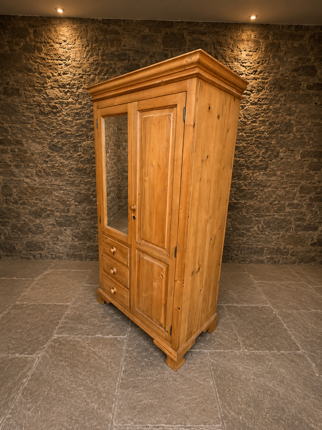 Large Solid Pine Combination Wardrobe with Mirror & Three Drawers