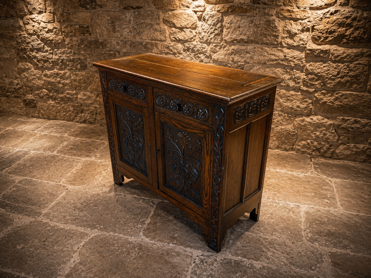 Antique Arts & Crafts Oak Sideboard – Edwardian Carved Oak Cabinet | Liberty Style Server with Floral Carvings