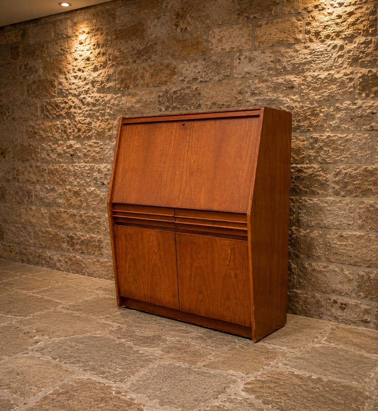 Mid-Century Modern Teak Bureau Desk | Danish Style Drop Front Writing Bureau | Vintage Secretary Desk & Cocktail Cabinet