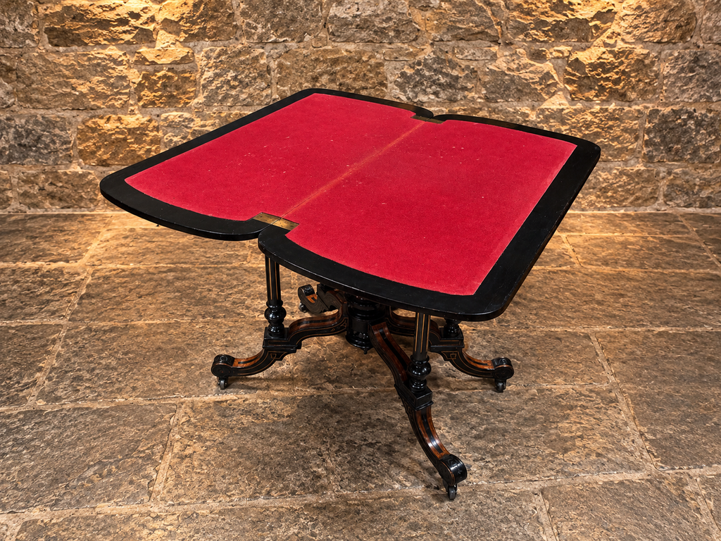 Antique Victorian Ebonised Burr Walnut Fold Over Card & Games Table c.1875