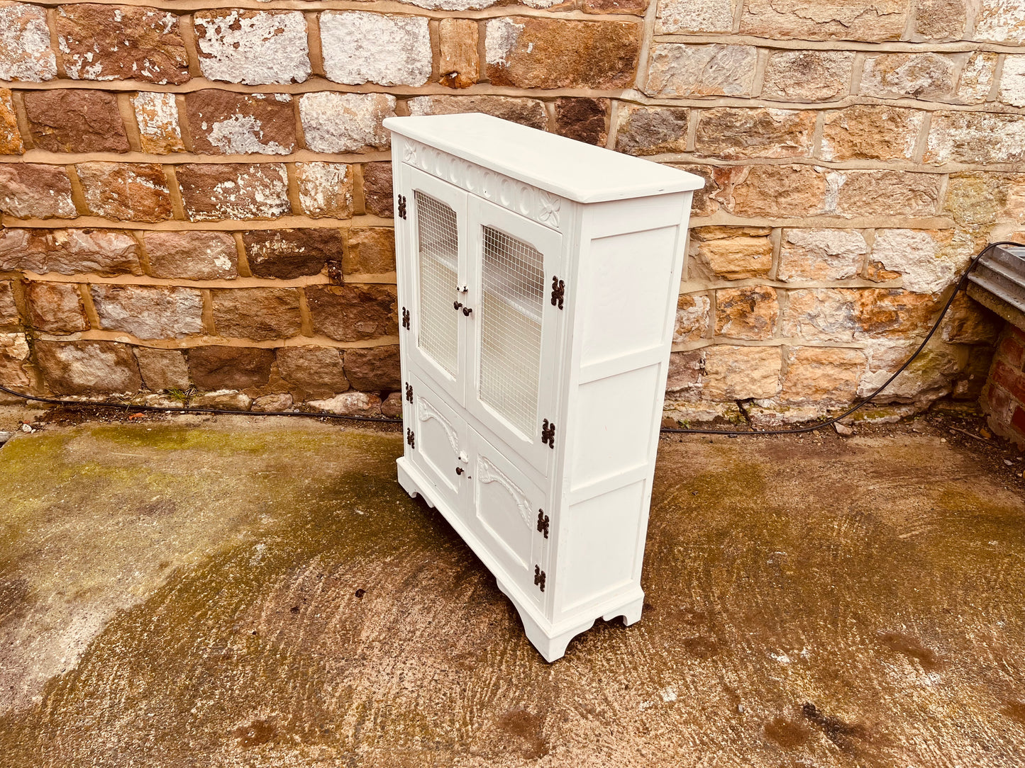 Vintage Farmhouse Kitchen Cupboard with Wire Mesh Doors