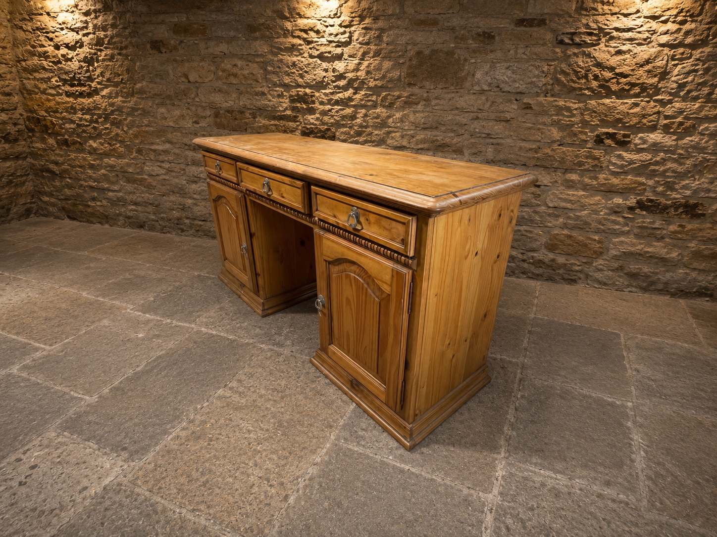 Large Solid Pine Pedestal Desk | Vintage Farmhouse Writing Desk | Rustic Country House Office Desk | Traditional Home Office Desk