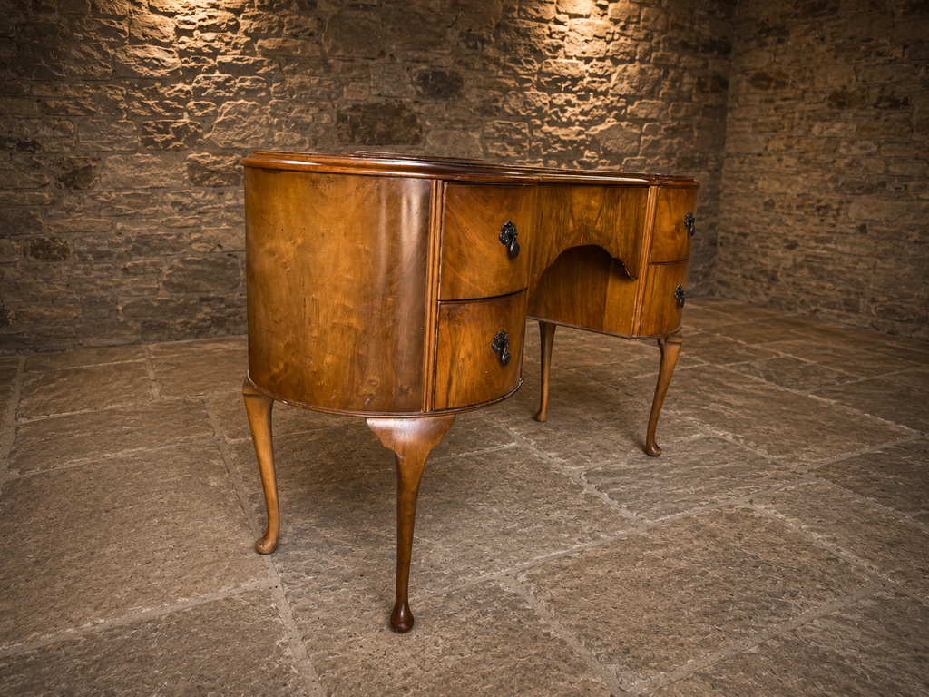 Antique Queen Anne Revival Walnut Kneehole Desk | 1930s Walnut Writing Desk | Vintage Dressing Table