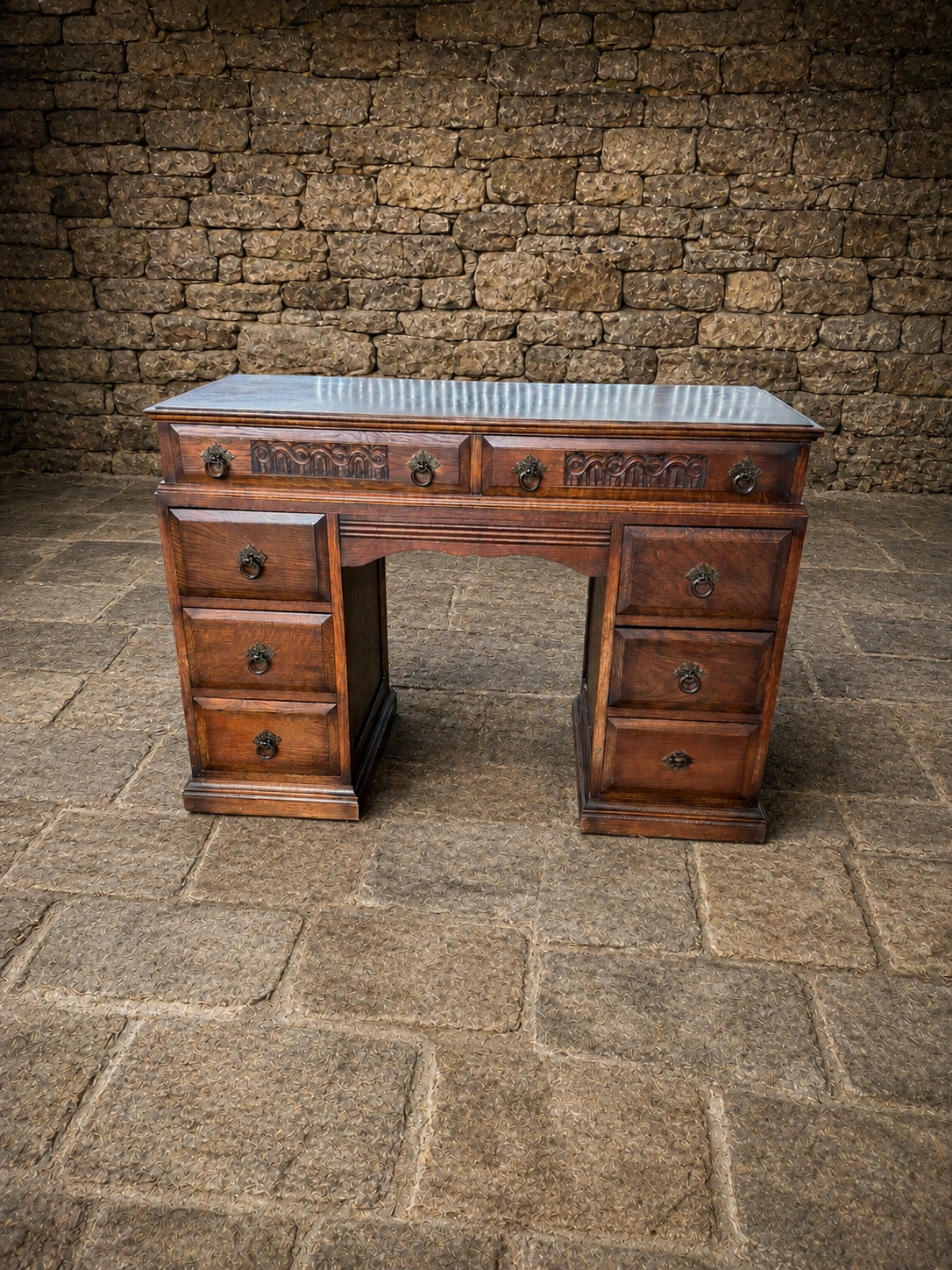 1930s Jacobean Revival Solid Oak Pedestal Desk