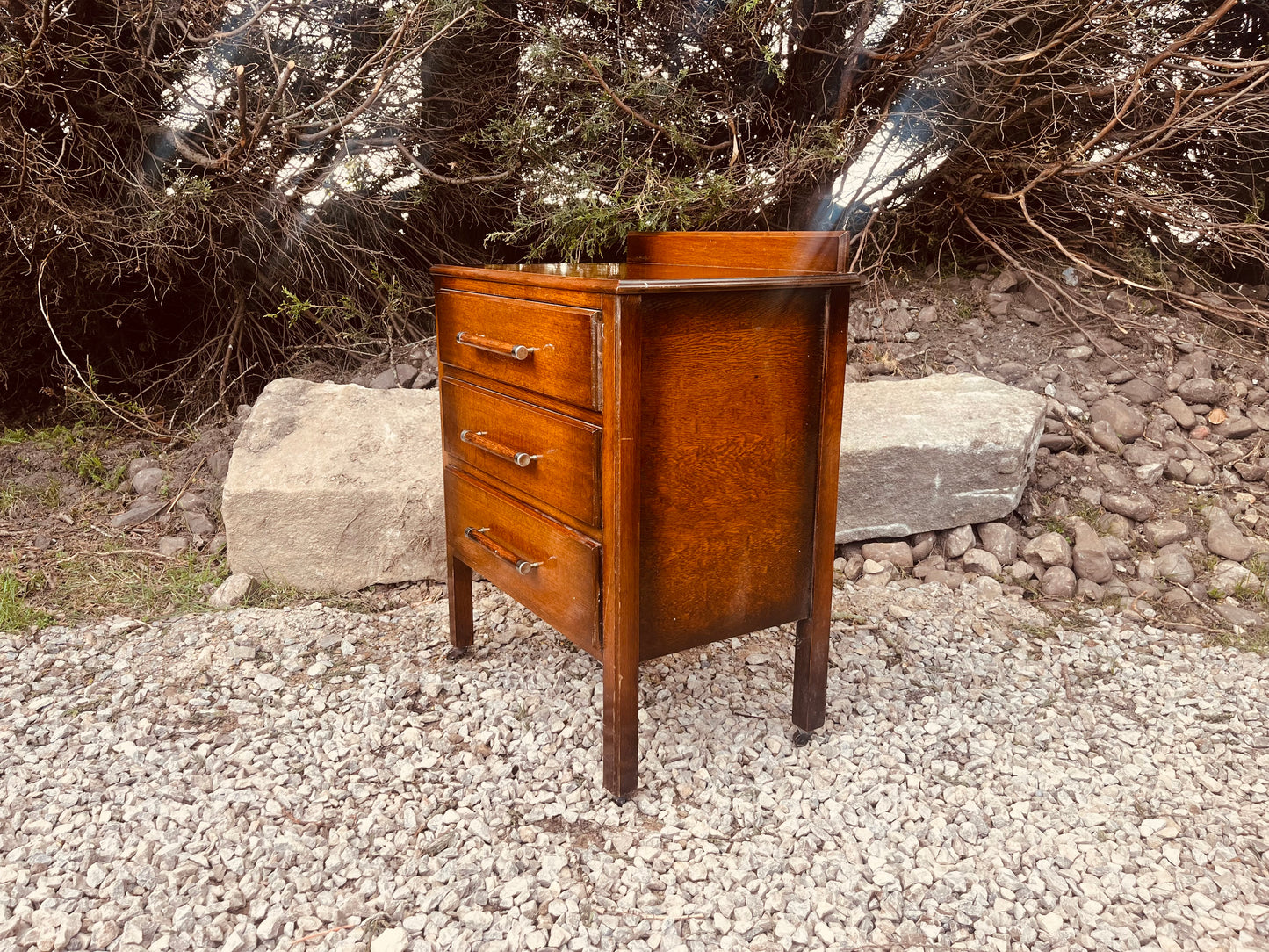 Mid Century Oak Bedside Table with Three Drawers