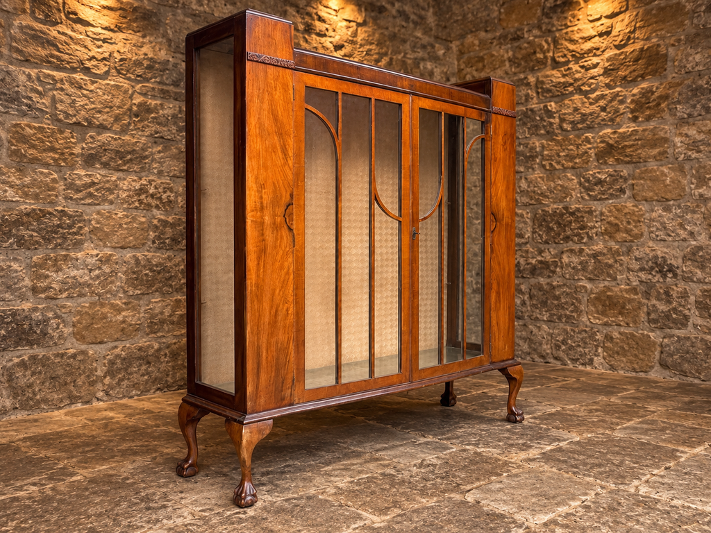 Antique Art Deco Figured Walnut Glazed Display Cabinet – c.1930