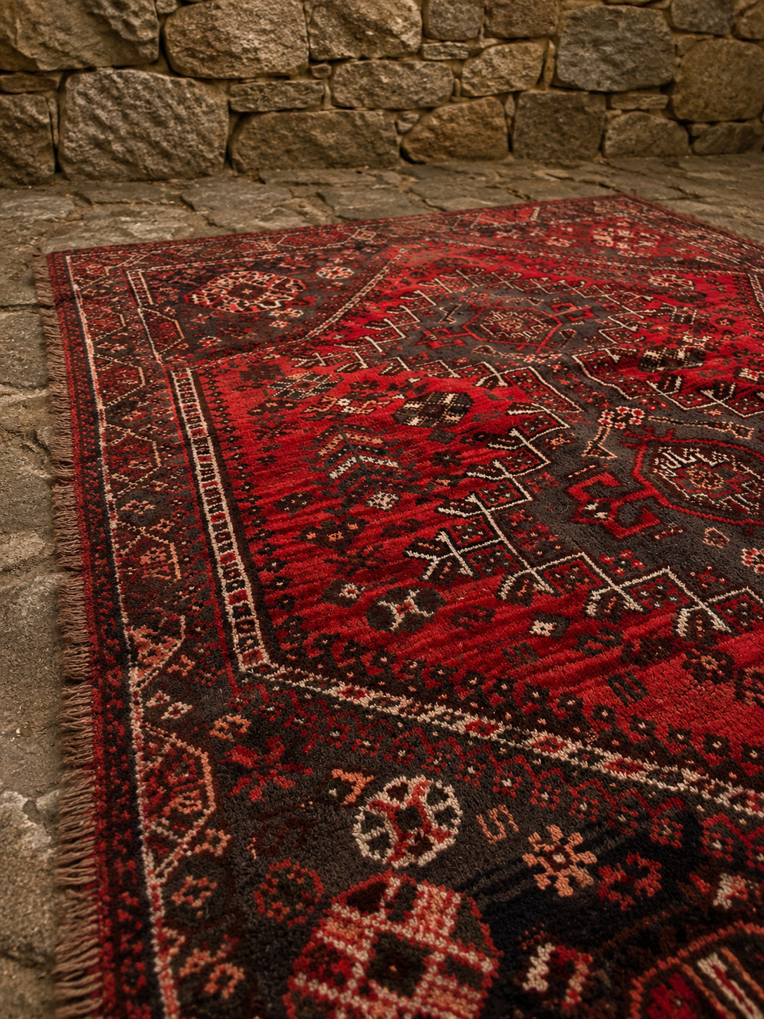 Vintage Hand-Knotted Afghan Tribal Rug | Red Geometric Wool Area Rug | Persian Style Carpet c.1960–1980