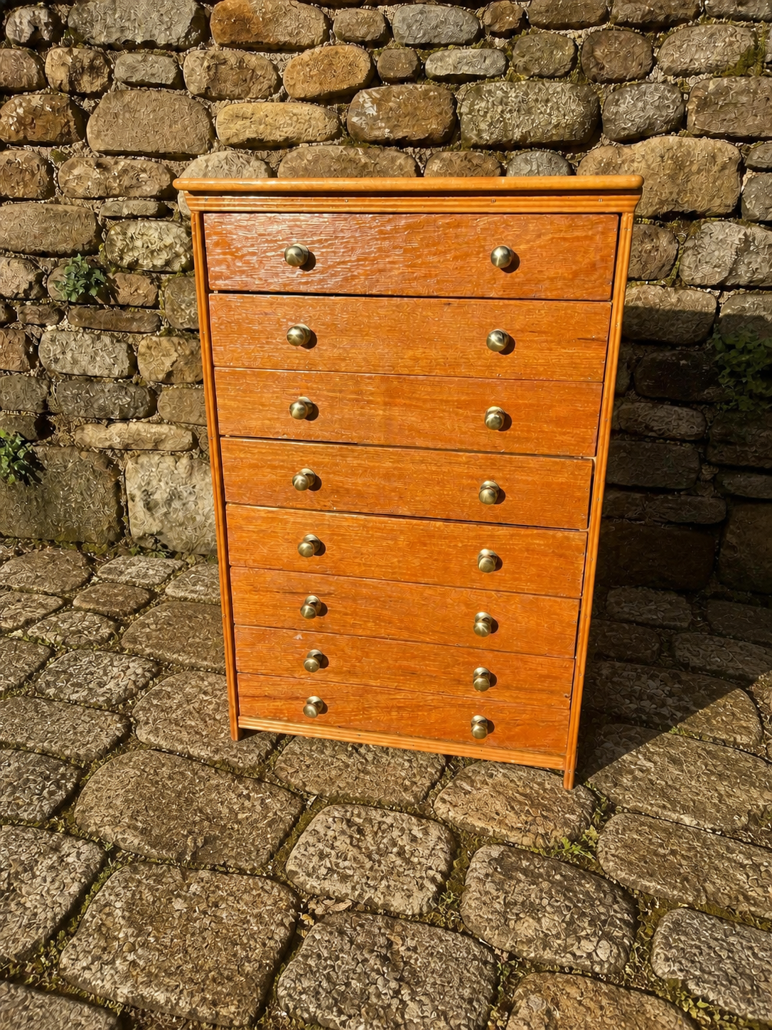 Mid Century Oak Chest of Drawers – 7 Drawer Tallboy with Brass Handles, 1960s