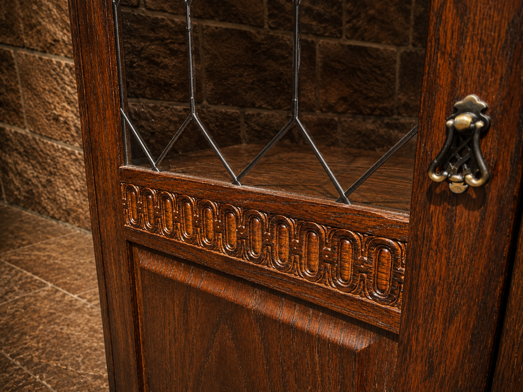 Antique Oak Leaded Glass Display Cabinet | Arts & Crafts Oak Cabinet | Jacobean Revival Display Cupboard | Vintage Bookcase