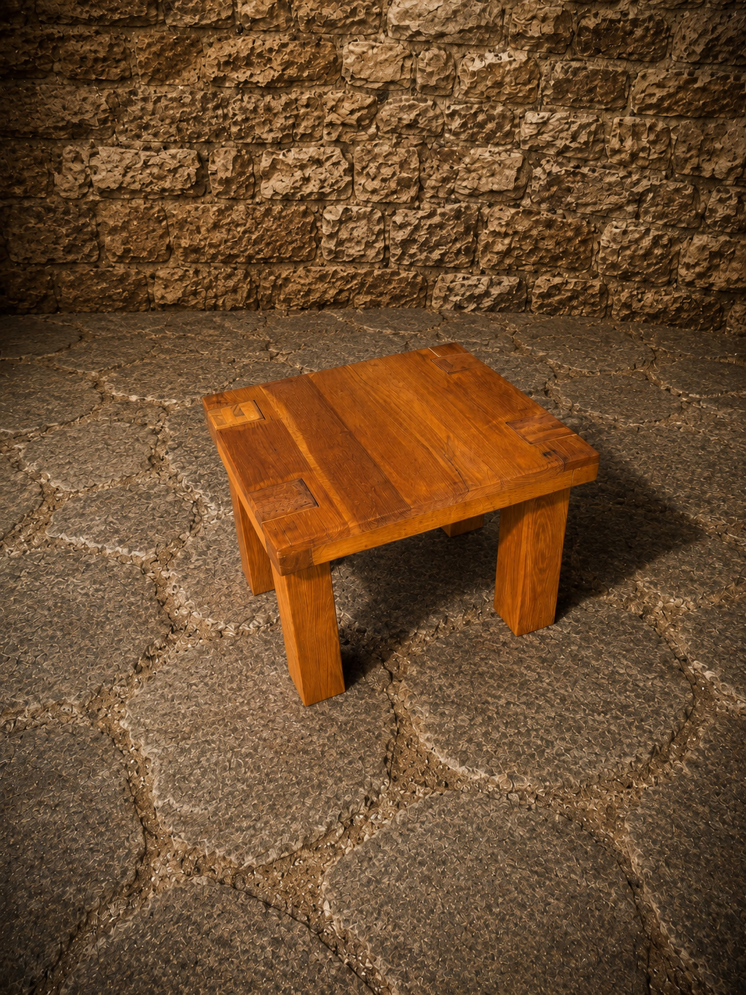 Vintage Brutalist Oak Side Table – Rustic 1970s Artisan Coffee Table