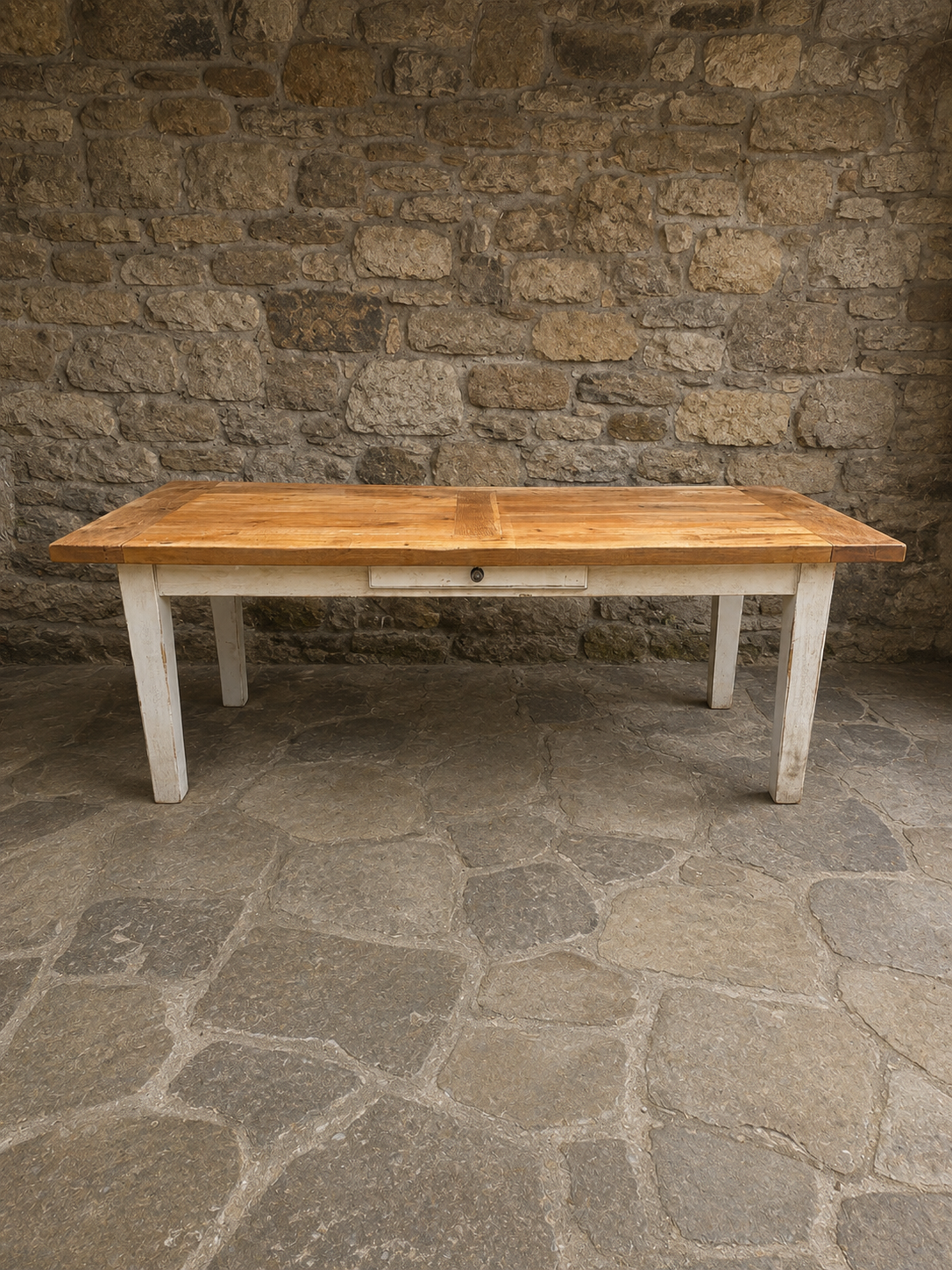 Large French Farmhouse Oak Dining Table with Drawer