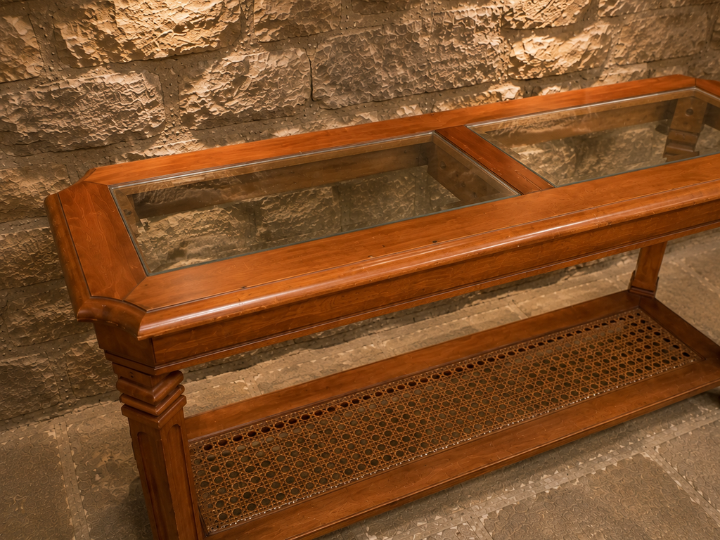 Antique Style Cherry Wood Display Console Table with Glass Top & Caned Shelf