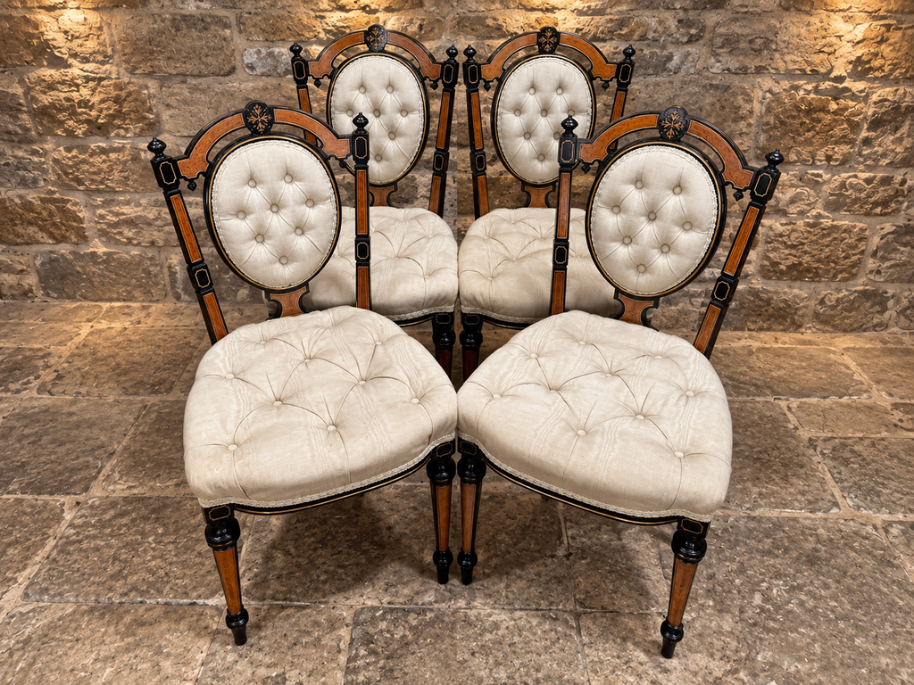 Set of 4 Victorian Aesthetic Movement Ebonised & Burr Walnut Inlaid Dining Chairs c.1875