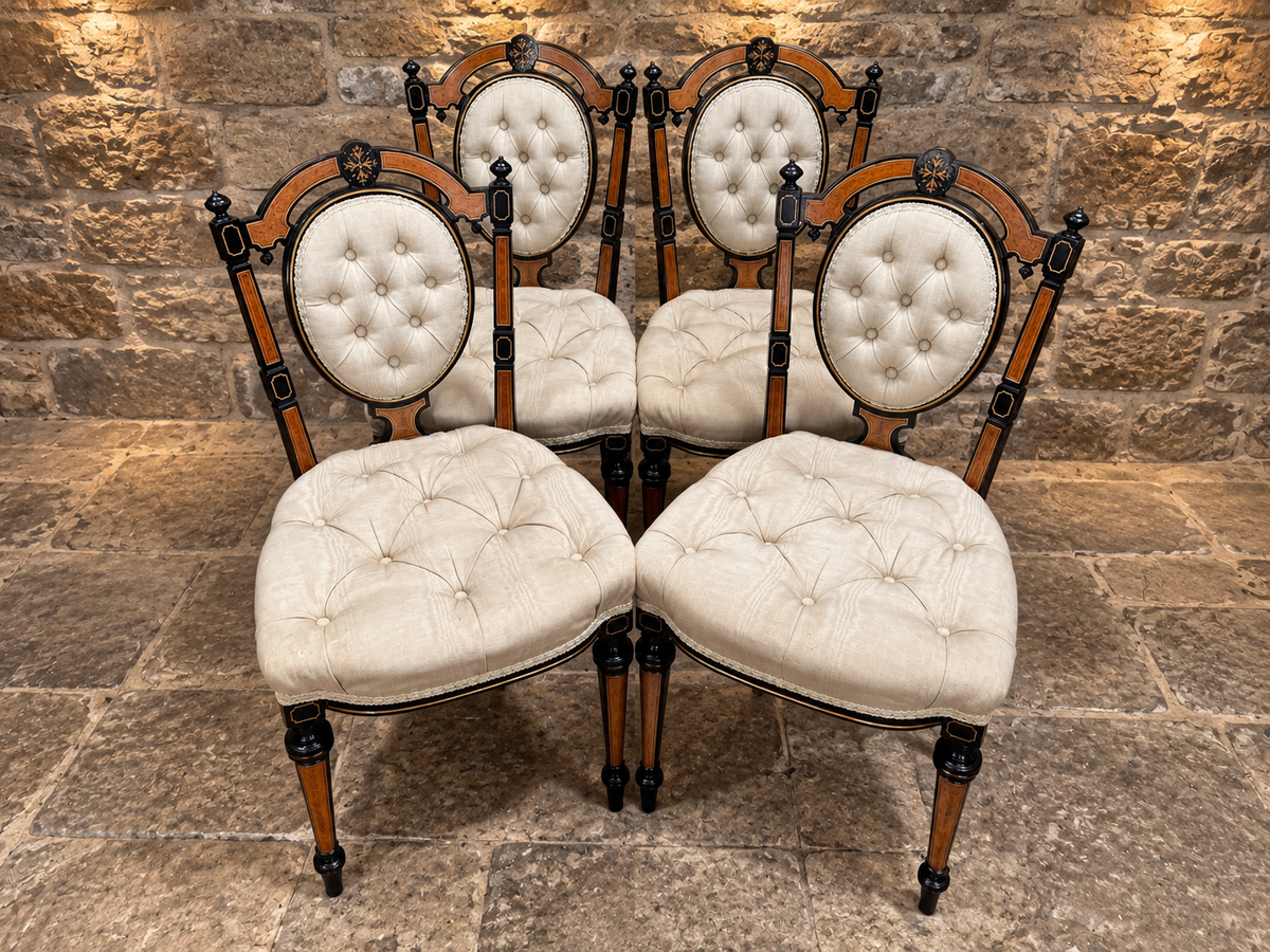 Set of 4 Victorian Aesthetic Movement Ebonised & Burr Walnut Inlaid Dining Chairs c.1875