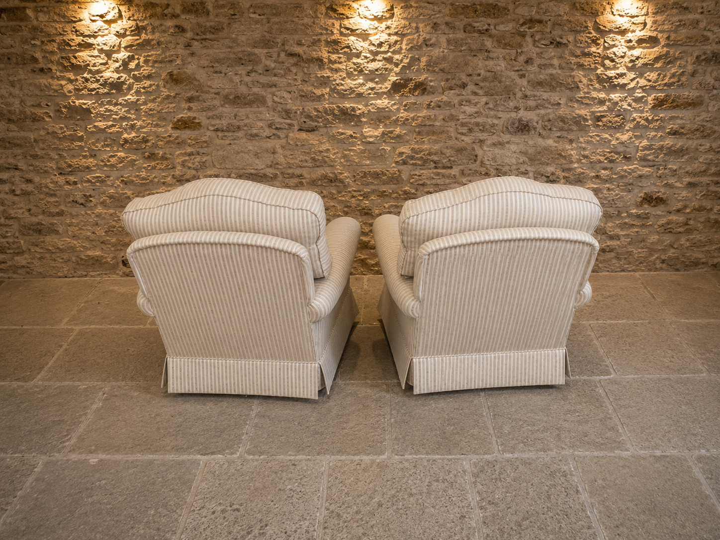 Pair of Traditional English Upholstered Club Armchairs in Neutral Striped Fabric
