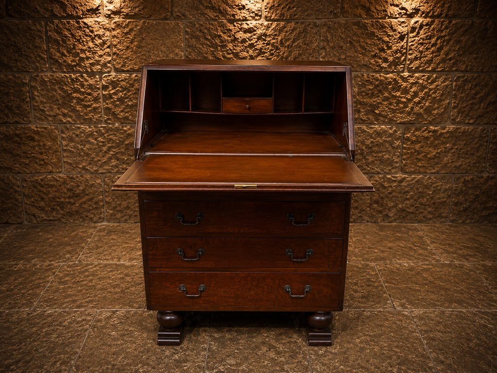 Antique Oak Bureau | Arts & Crafts Writing Desk | Jacobean Revival Fall Front Bureau | Vintage Secretary Desk