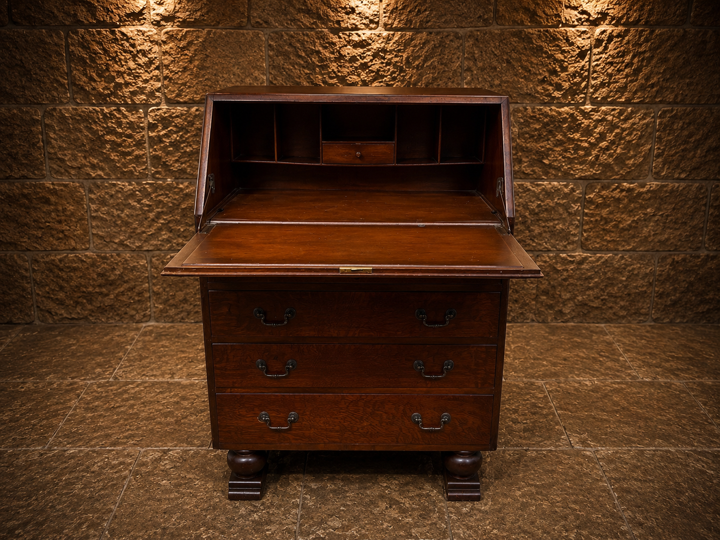 Antique Oak Bureau | Arts & Crafts Writing Desk | Jacobean Revival Fall Front Bureau | Vintage Secretary Desk