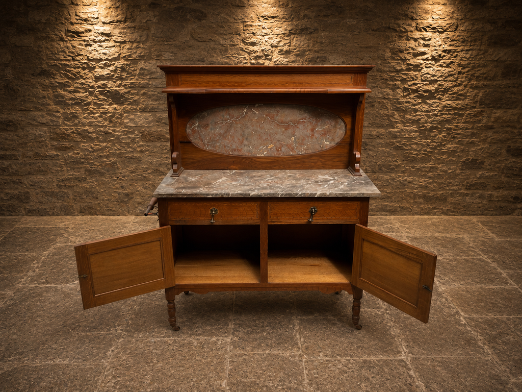 Antique Edwardian Marble Top Washstand with Oval Marble Splashback – c.1890–1910