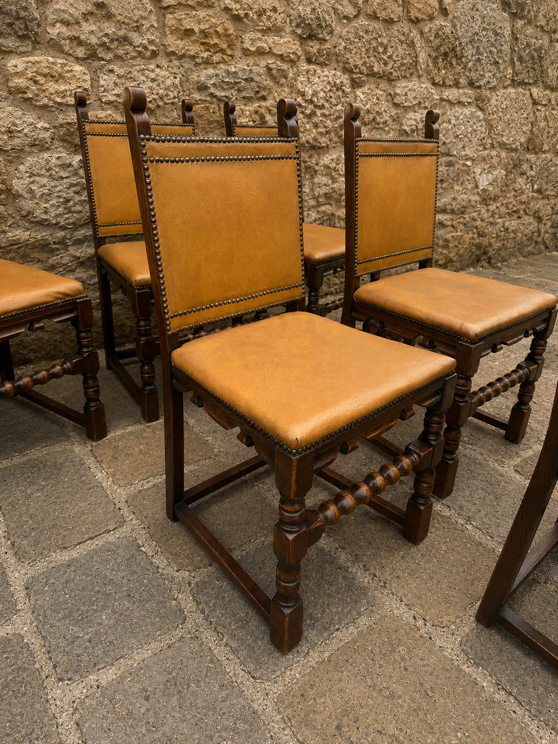 Set of 6 Jacobean Revival Oak Dining Chairs with Studded Tan Upholstery