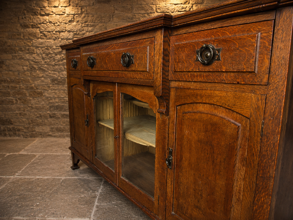 Antique Edwardian Figured Oak Sideboard c.1900 – Glazed Country House Buffet Cabinet