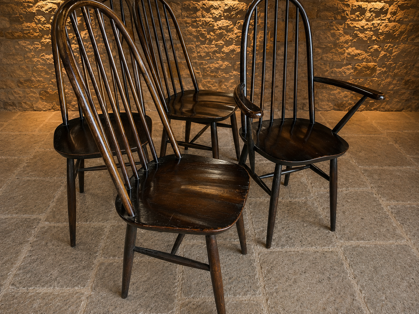 Set of 4 Genuine Ercol Windsor Dining Chairs – 3 Side Chairs & 1 Carver – Dark Windsor Finish