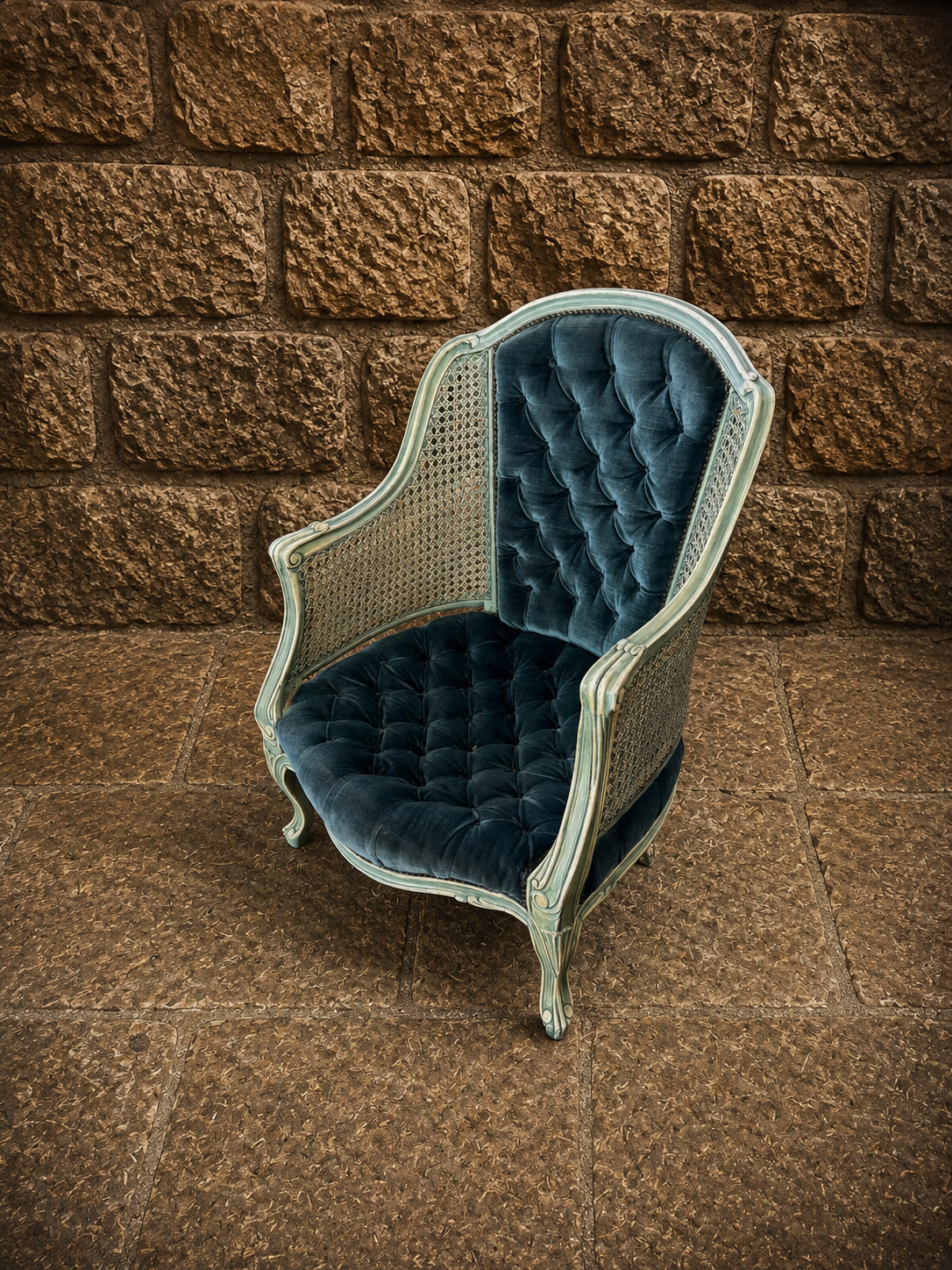 French Louis XV Style Blue Velvet Bergère Armchair