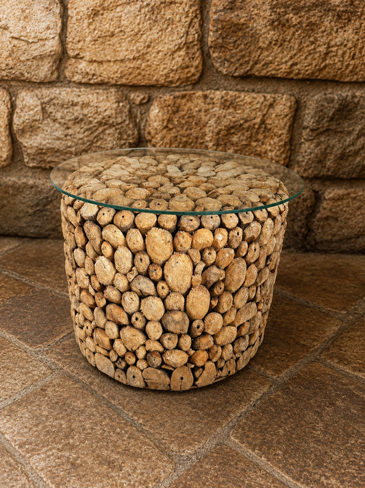 Handmade Driftwood Side Table with Glass Top