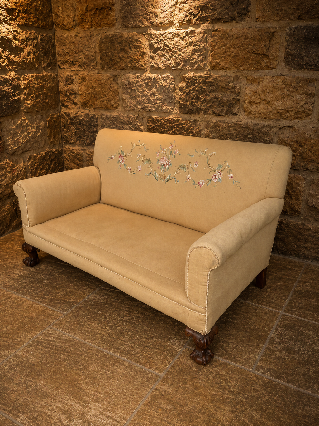 Vintage English Country House Two Seater Sofa | Hand Embroidered Sofa | Traditional Rolled Arm Country Furniture