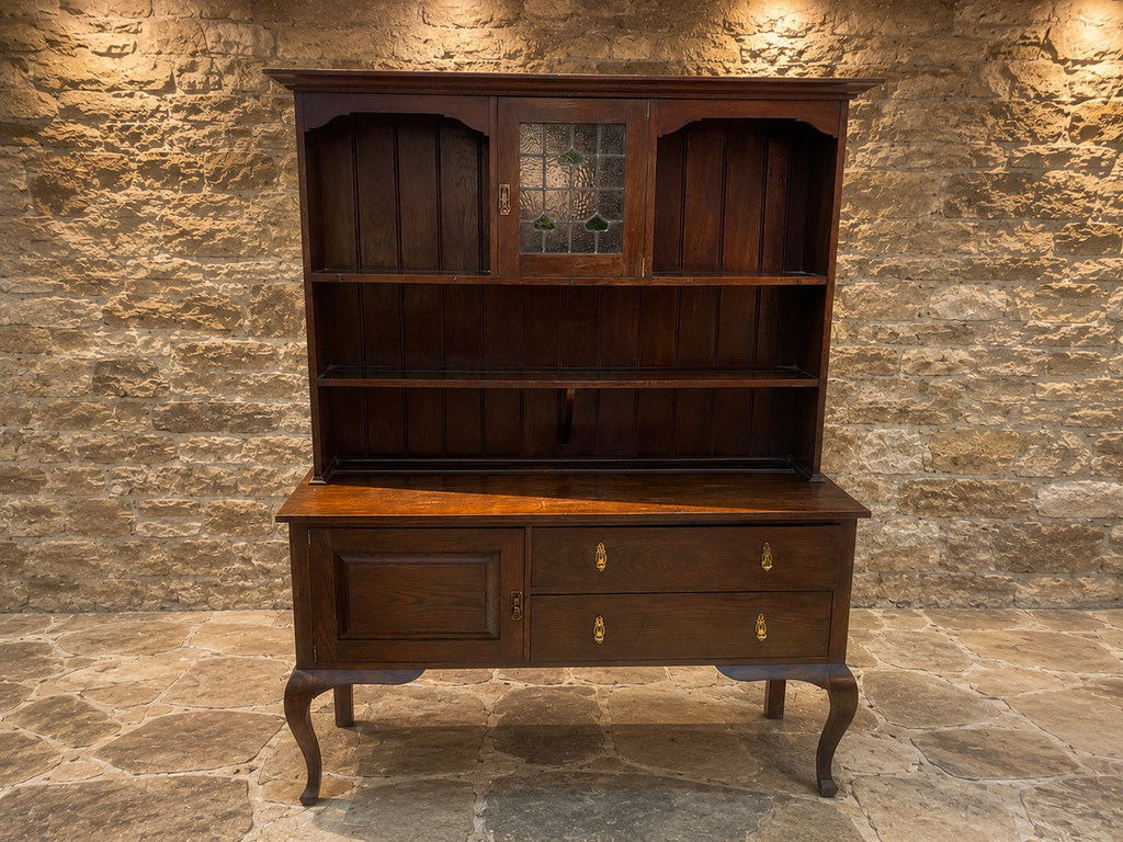 Antique Arts & Crafts Oak Dresser with Stained Glass Display Cabinet