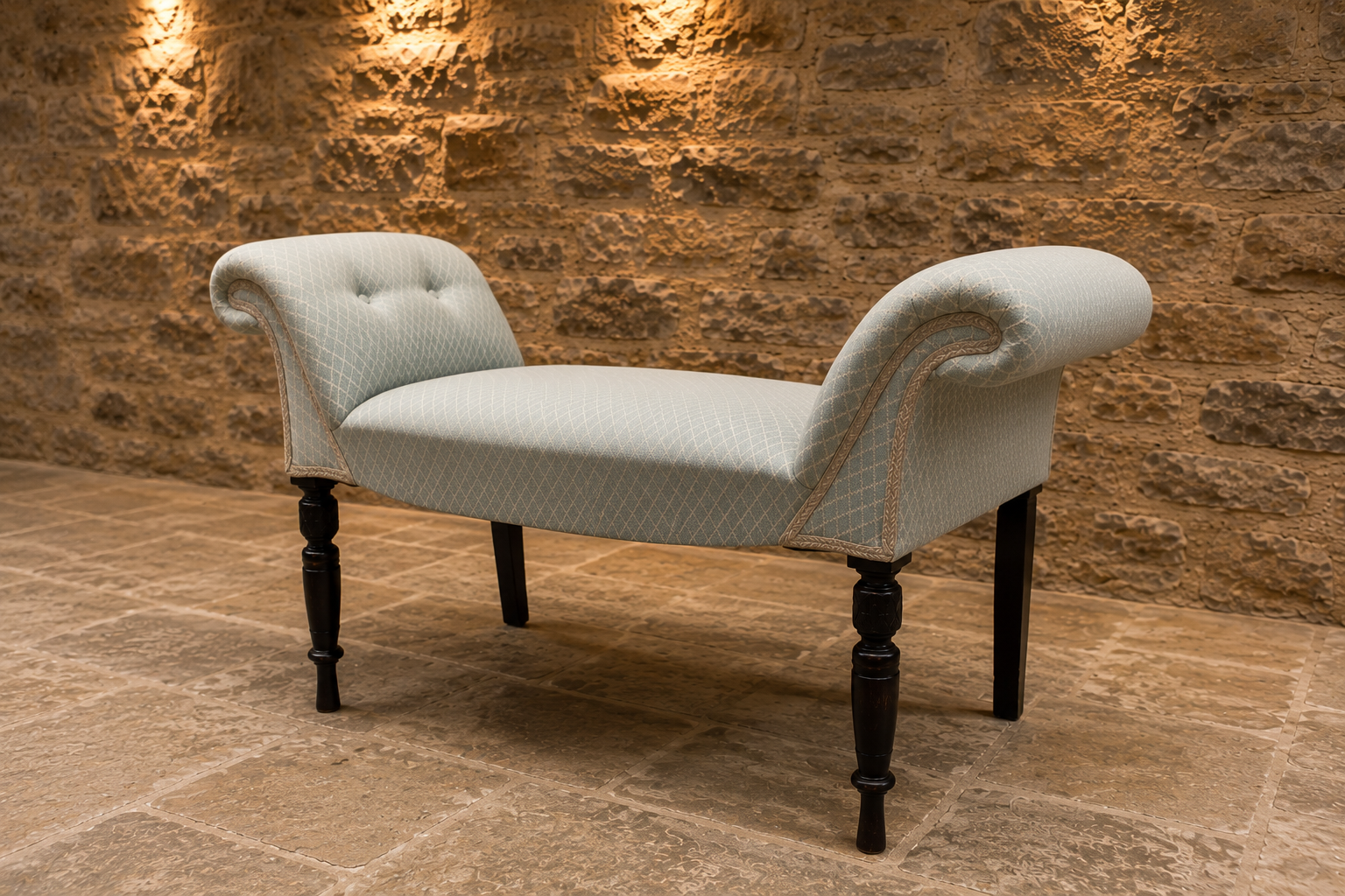 Antique Edwardian Upholstered Window Seat | Victorian Scroll End Bedroom Bench | Hall Bench | Ottoman Seat | Circa 1895–1915