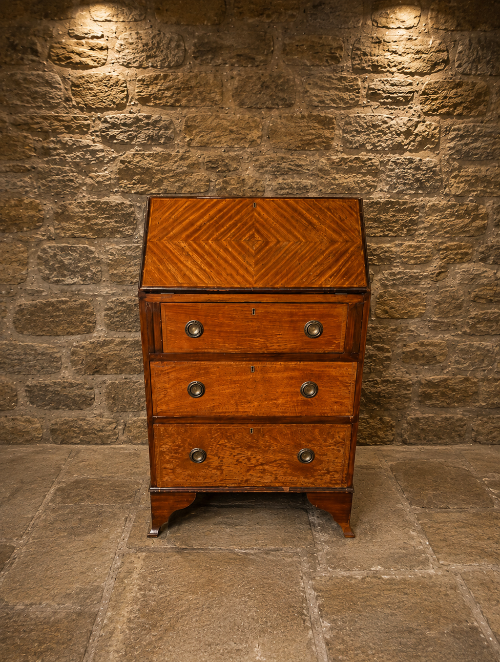 Antique Edwardian Bureau Writing Desk – Geometric Veneered Fall Front – Circa 1920