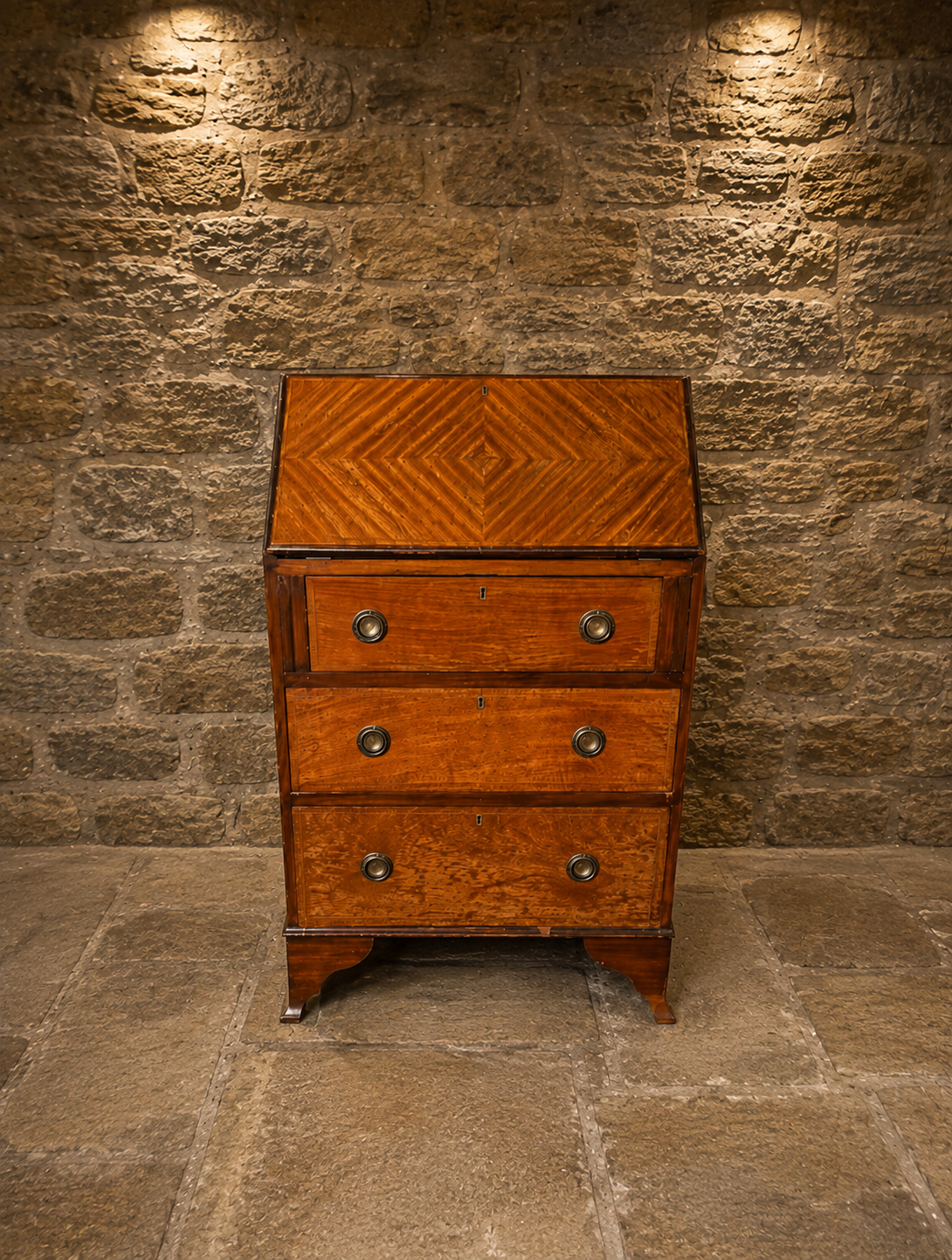 Antique Edwardian Bureau Writing Desk – Geometric Veneered Fall Front – Circa 1920