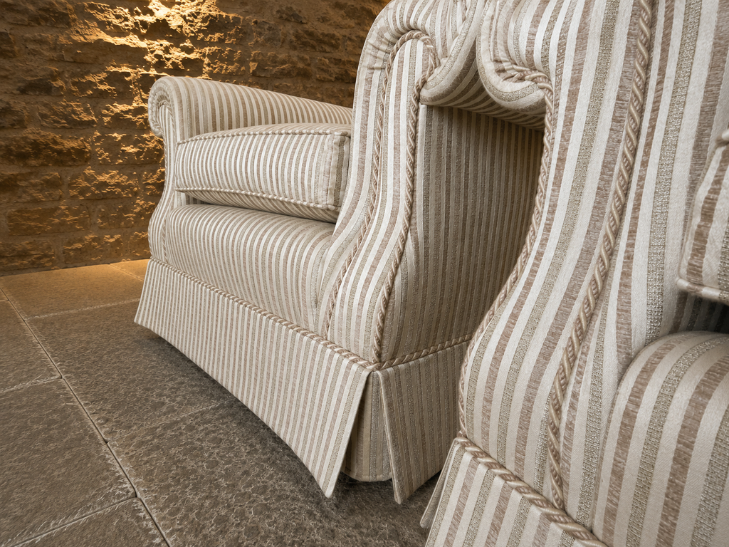 Pair of Traditional English Upholstered Club Armchairs in Neutral Striped Fabric