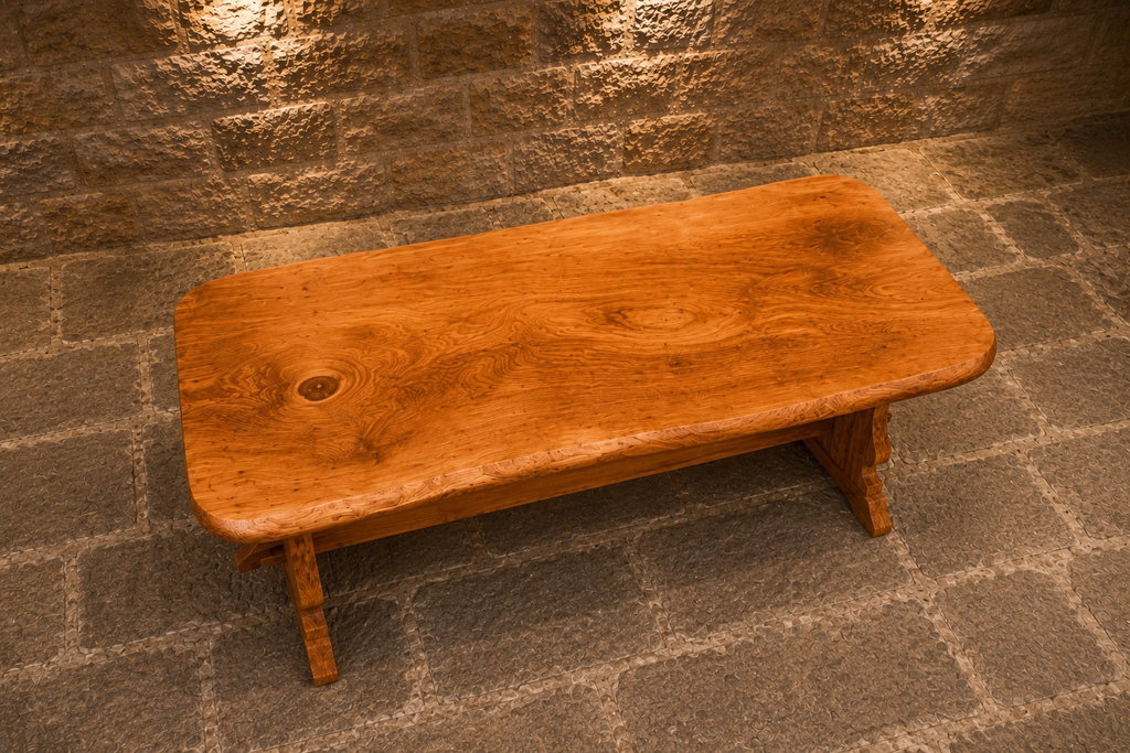 Vintage Solid Elm Refectory Coffee Table | English Farmhouse Trestle Coffee Table | Rustic Country Living Room Table