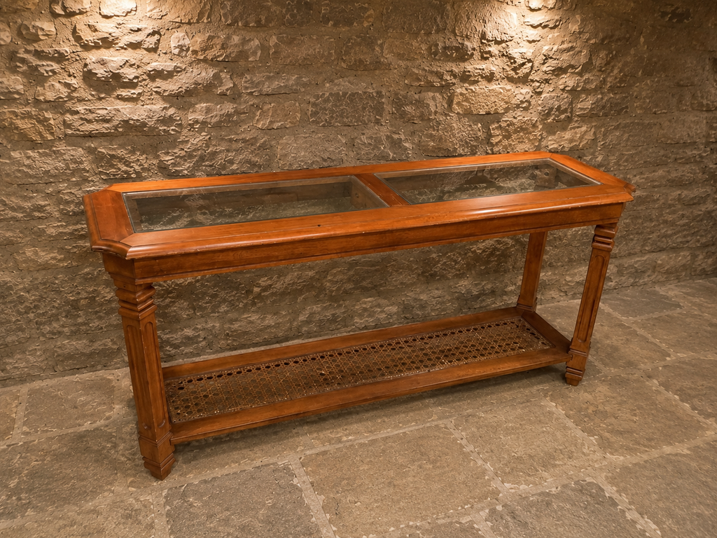 Antique Style Cherry Wood Display Console Table with Glass Top & Caned Shelf