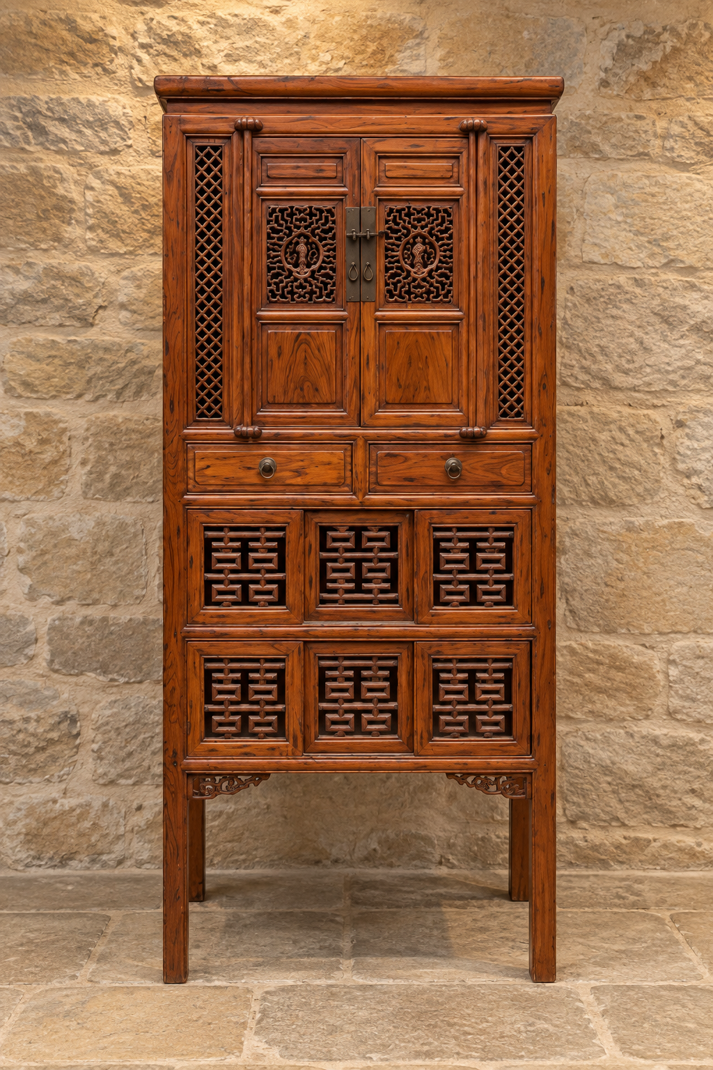 Vintage Chinese carved cabinet with lattice panels