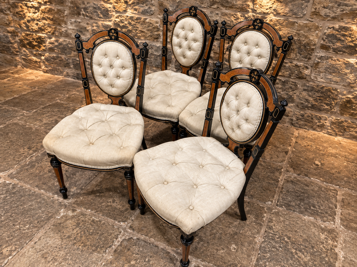 Set of 4 Victorian Aesthetic Movement Ebonised & Burr Walnut Inlaid Dining Chairs c.1875