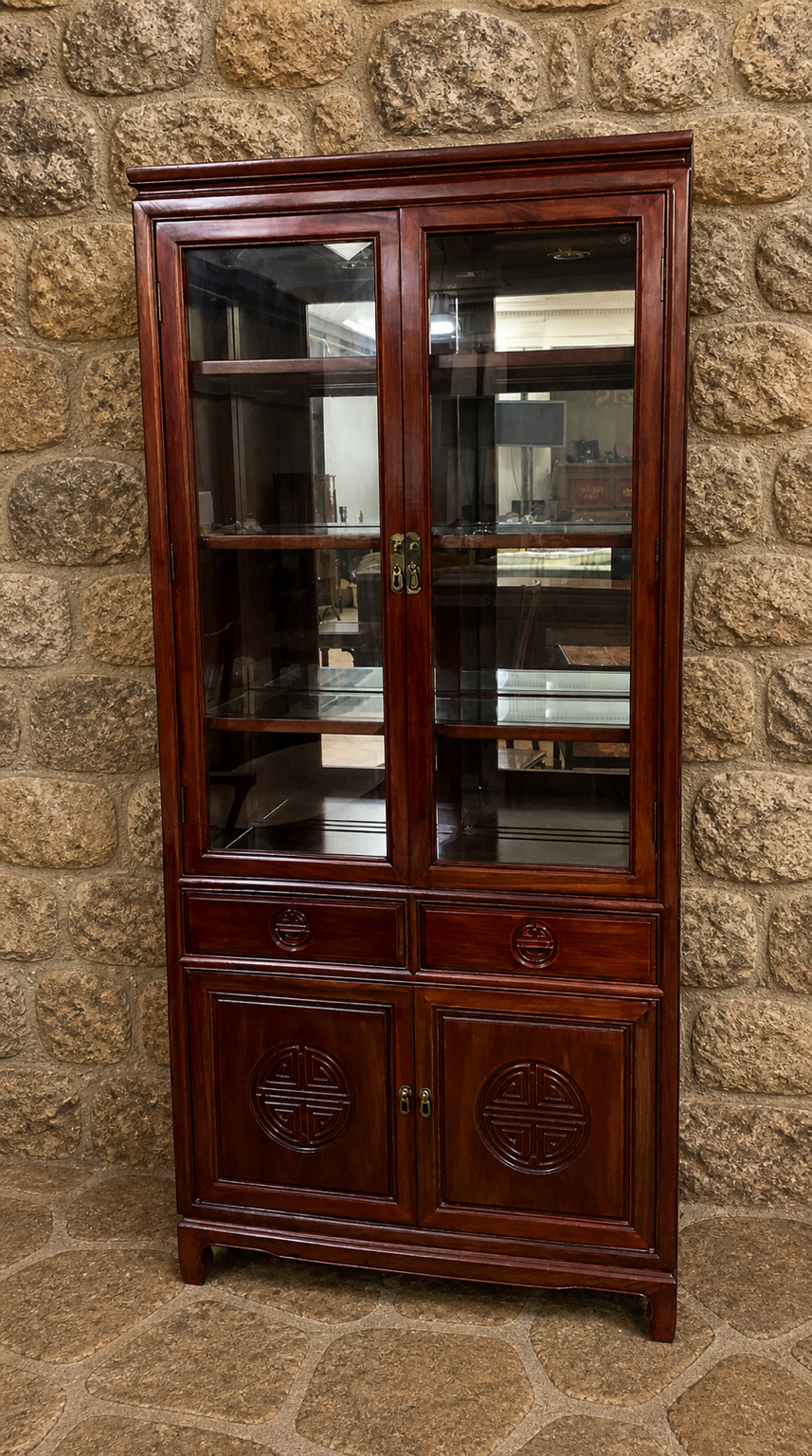 Chinese Hardwood Display Cabinet with Glazed Doors & Storage