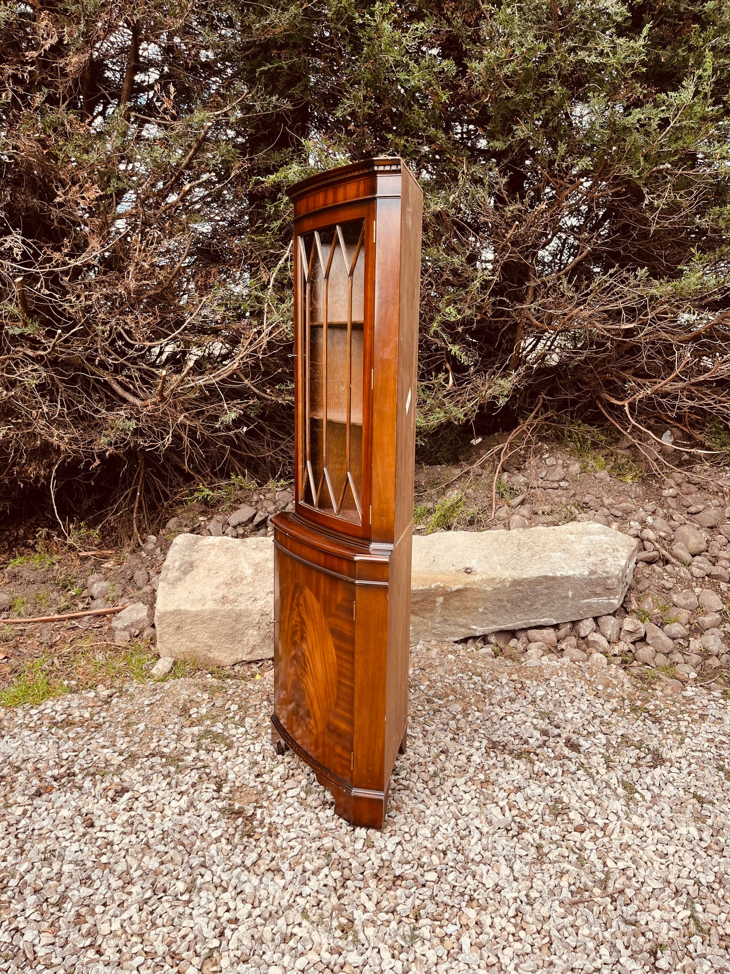 Antique Edwardian Mahogany Corner Display Cabinet with Leaded Glass