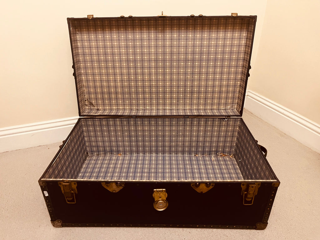 Pair of Vintage Travel Trunks – Tan Leather & Black Metal Storage Chests – Retro Luggage by The Proudlove Studio